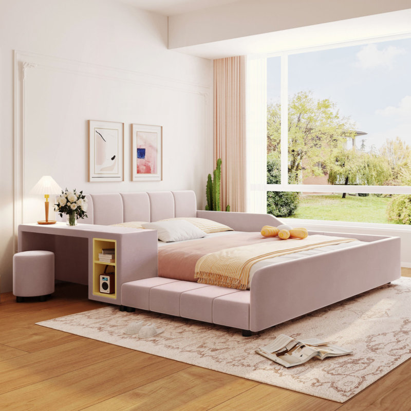 Upholstered Grounded Bed, Mother & Child Bed With Bedside Desk And Little Round Stool, Velvet, Queen, Pink