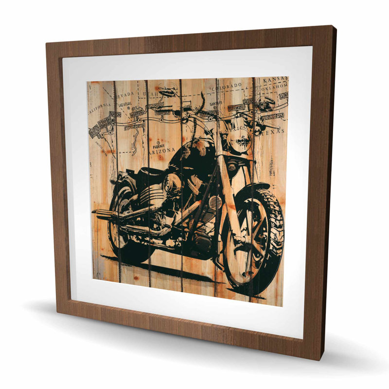 Motocyclette sur fond de bois - impression encadrée américaine
