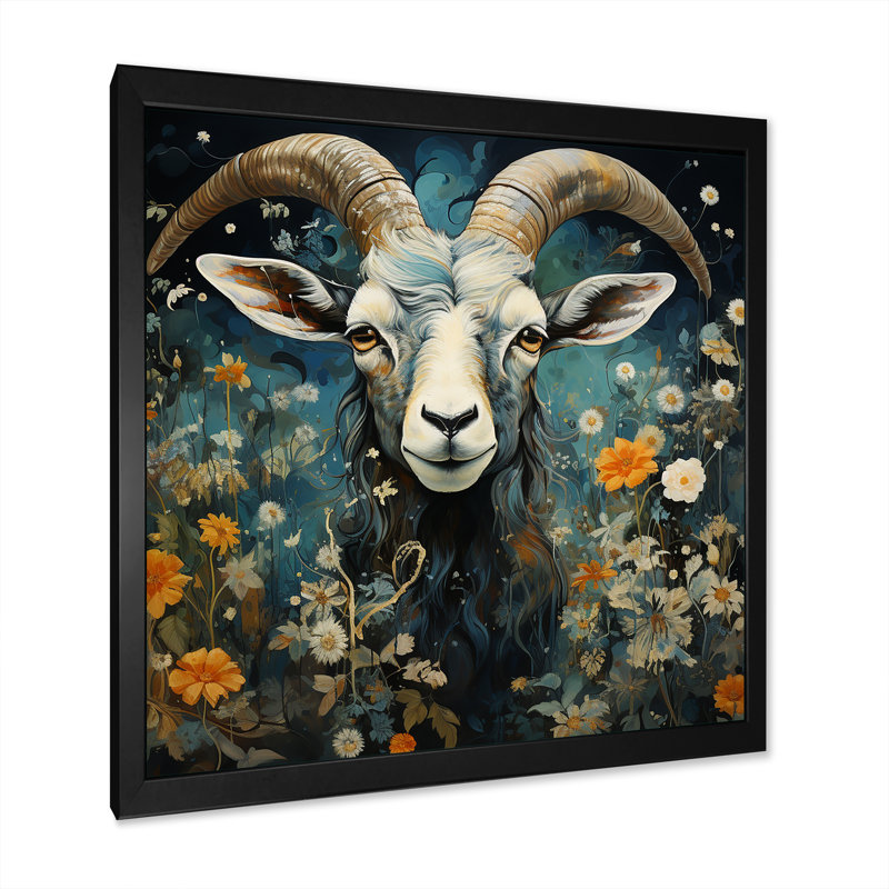 Bleu et jaune, fleurs de chèvre - art mural animal de chèvre, Cadre photo noir, H 36 po x l 36 po x P 1,5 po