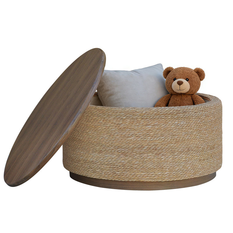 Round Storage Coffee Table, Handwoven Natural Seagrass with Wood Lift-off Top
