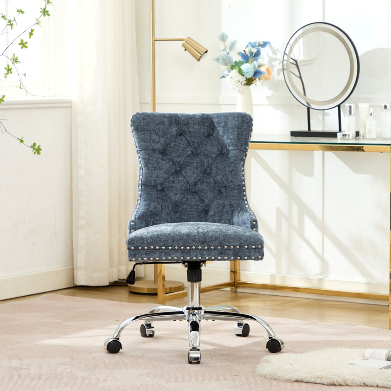 Chaise de bureau bleu clair, fauteuil de bureau moderne capitonné en chenille avec base en métal chromé, chaise de bureau pivotante réglable
