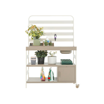 2-Tier Metal Outdoor Potting Bench Table with Cabinet, Soil Basin & Lockable Wheels