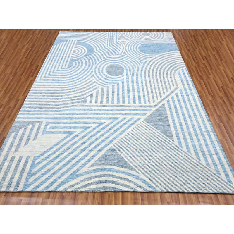 Tapis oriental rectangulaire en laine bleu noué à la main 9 pi 0 po x 12 pi 0 po - MOA10279293