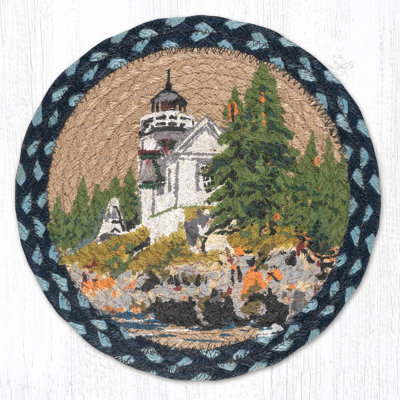  Round Jute Trivet 10"x10" Bass Harbour Lighthouse Print with Coastal Braided Design