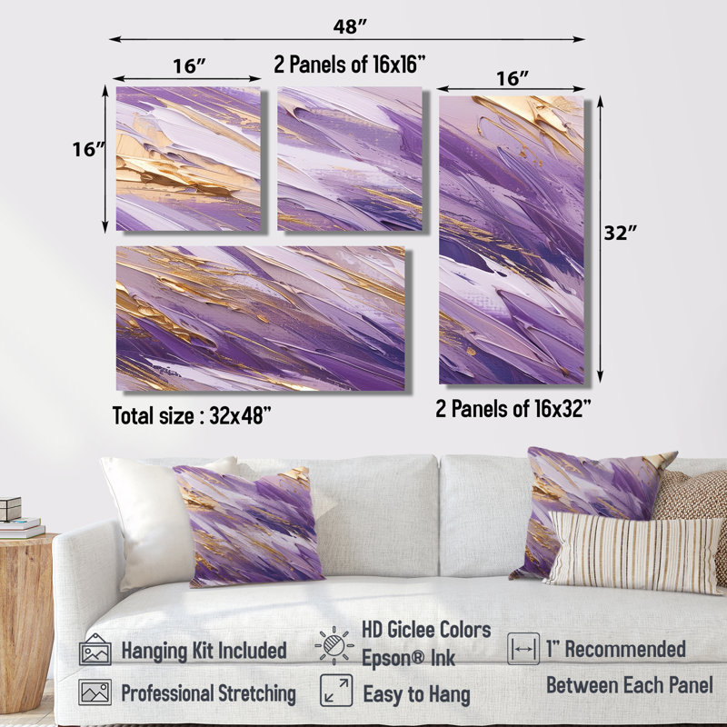 «Mauve et or», Abstractions dynamiques II - impressions sur toile modernes 4 pièces, Impression encadrée sans passe-partout