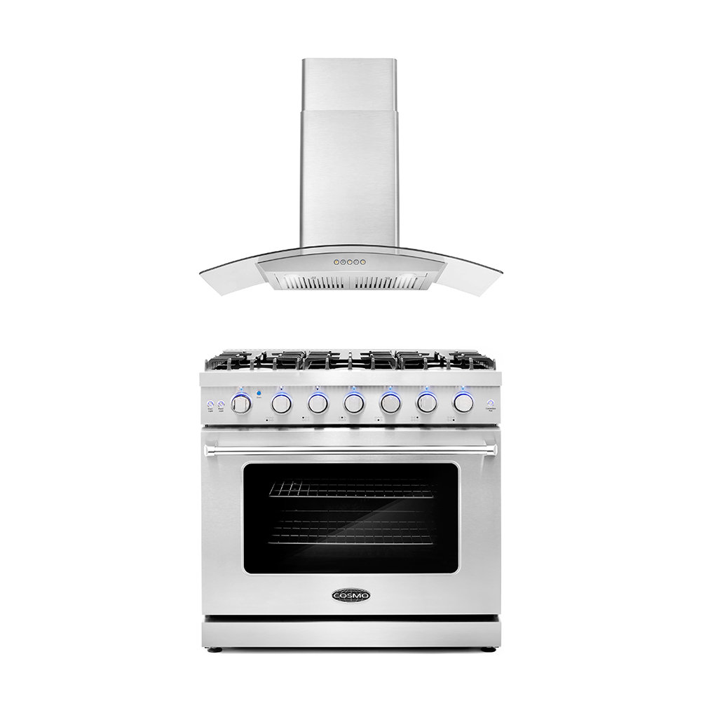 Cosmo 2 Piece Kitchen Appliance Package with 36'' Gas Freestanding Range , and Wall Mount Range Hood Cosmo