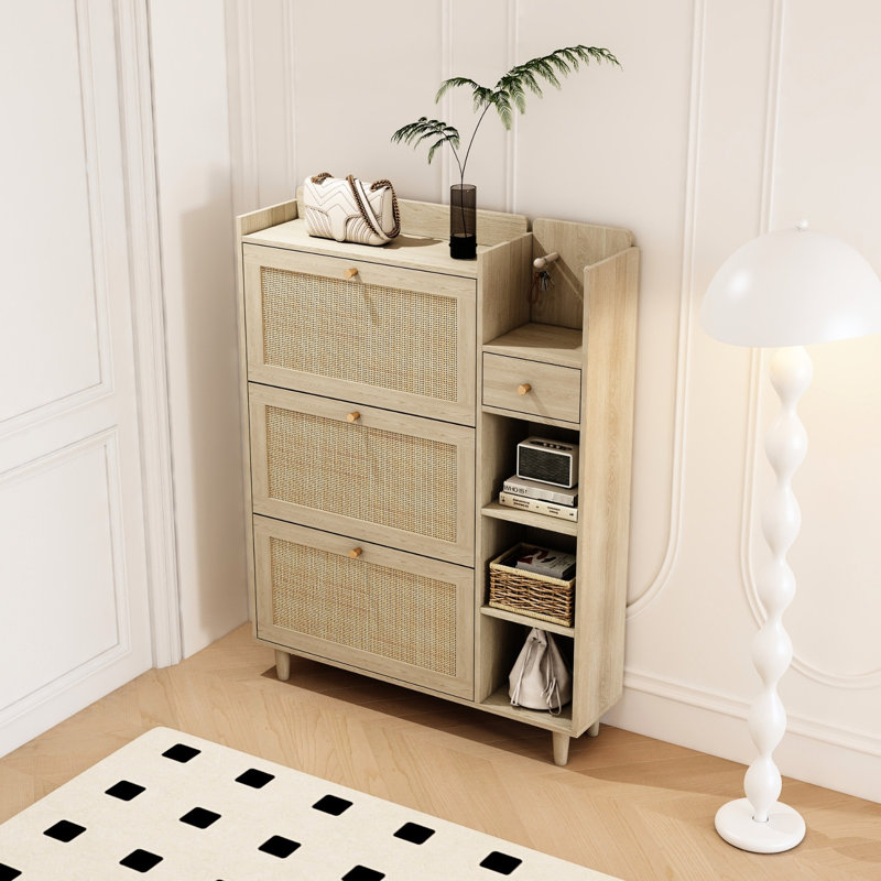 Range-chaussures avec 3 tiroirs rabattables et sac de rangement charmant, Bois naturel