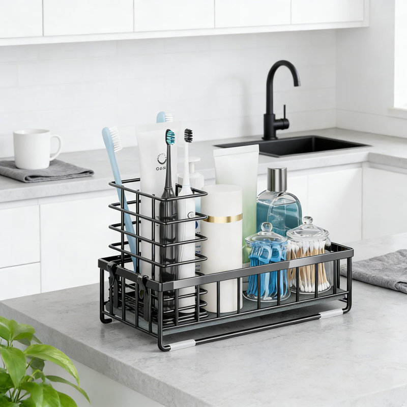 Kitchen Sink Organizer With Instant-Dry Sponge Holder, Brush Basket, Soap Dispenser - Waterproof Stainless Steel Countertop Storage For Kitchen/Bathroom