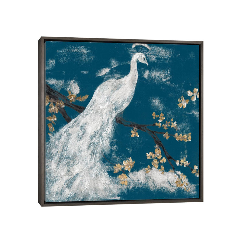 "White Peacock on Indigo I" par Jennifer Goldberger-impression, H 18 po x l 18 po x 1,5 po