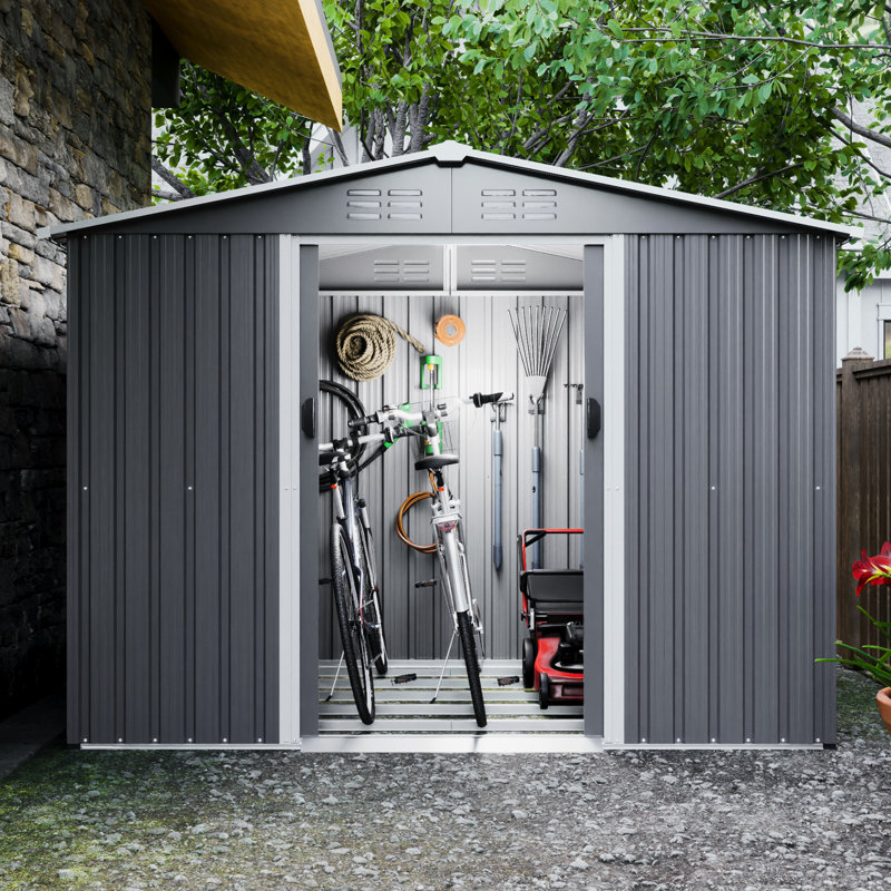 8x6 Ft Metal Outdoor Tool Storage Shed With Lockable Doors - Galvanized Steel, Gray All Weather For Garden, Patio, Backyard, Lawn Construction Steel Lawn, Weather- Coating