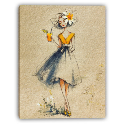 Graceful Lady with Yellow Accents Wrapped Canvas Wall Art