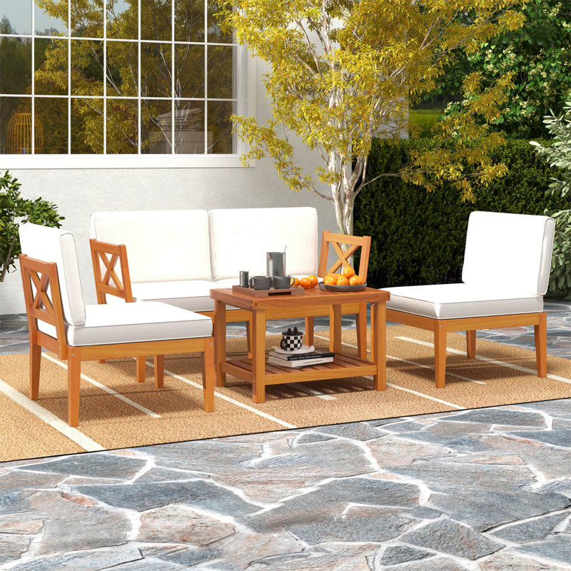Ensemble de 5 meubles de patio en bois d'acacia avec coussins et table basse à 2 niveaux