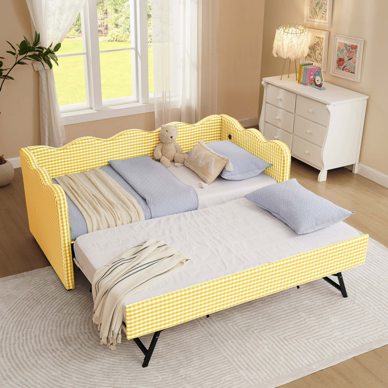 Lit de jour douillet simple avec lit gigogne Cozy Gingham, Jaune