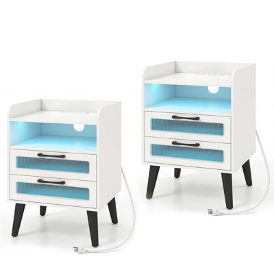 1 table de chevet PCS avec station de charge et lumières DEL, tablette ouverte et 2 tiroirs cannelés blanc
