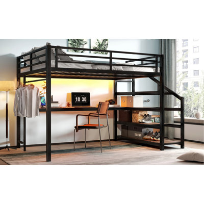 Grand lit mezzanine avec bureau et escalier de rangement, lits mezzanine en métal avec lumières DEL, ports USB, filets en fer multifonctionnels, aucune boîte à ressorts nécessaire et sans bruit, noir