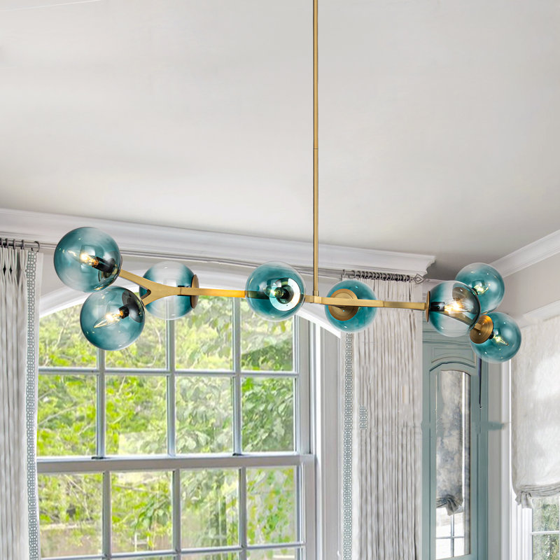 8-Light Sputnik Modern Linear Glass Bubble Chandelier, Blue, Brushed Gold