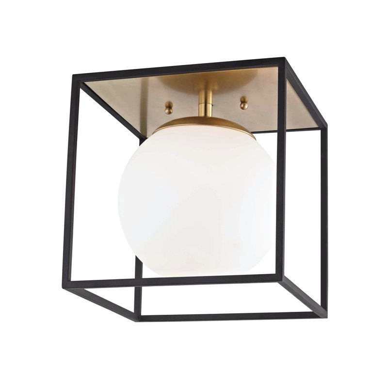 Aged Brass and Black Glass Globe Flush Mount Light