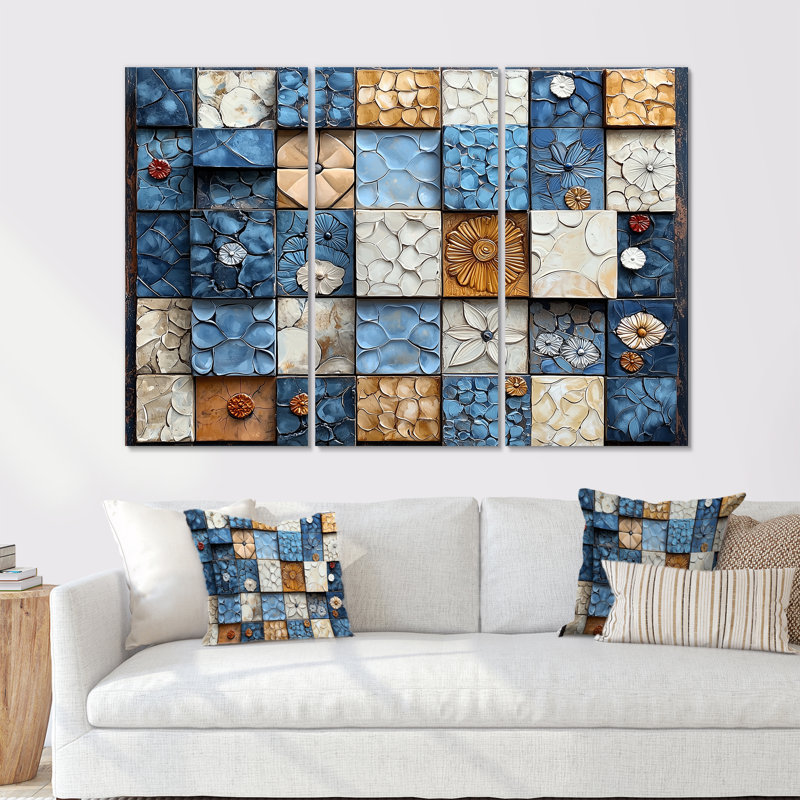 Abstract Blue and White Rhythms Tiles - Ensemble de décorations murales Abstract Tile, H 28 po x l 36 po x P 1 po