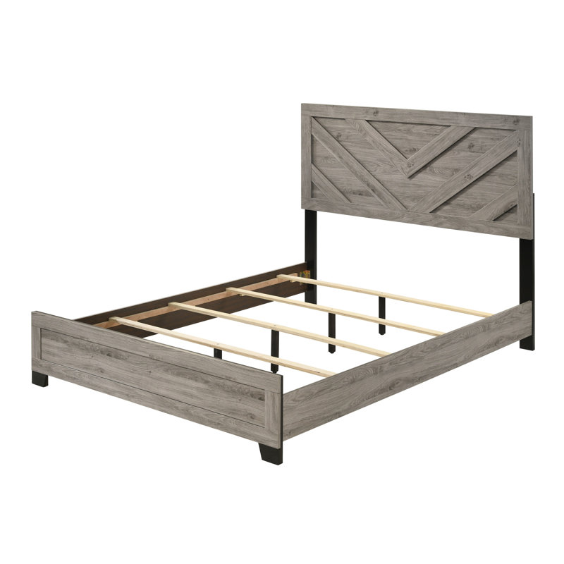 Grand lit gris avec structure à 4 et 4 pieds, qualité du bois, matelas de 8 po recommandé, capacité de charge de 220 lb