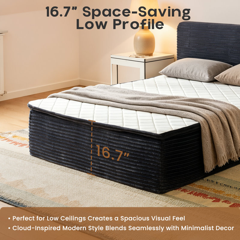 Lit plateforme double rembourré pleine grandeur avec matelas intégré, ensemble de compression dans une boîte - aucun assemblage requis