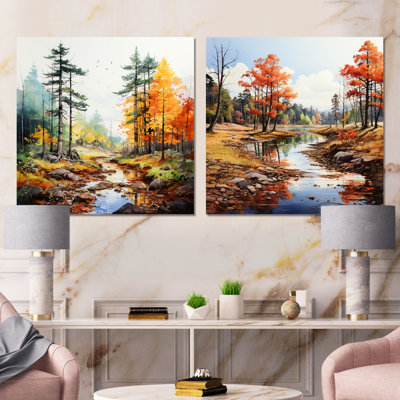 Yellow And Orange Autumn River Tranquility I - Forest River Canvas Art Print Set Of 2