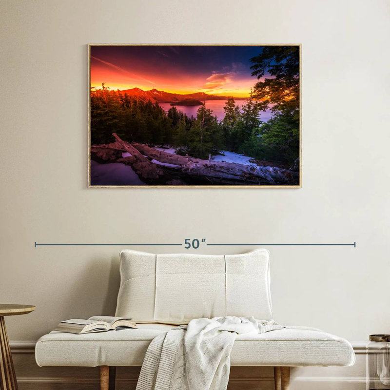 Majestic Crater Lake Sunset, Cadre flottant en bois naturel, 40 po x 27 po