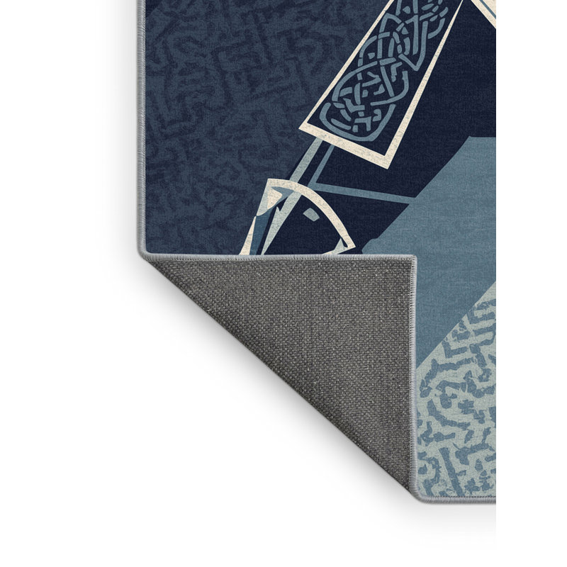 Soft Plush Durden Celtic Swordsman Global Inspired Block Print Area Rug in Gray – SkyBlue Binding, 7x9