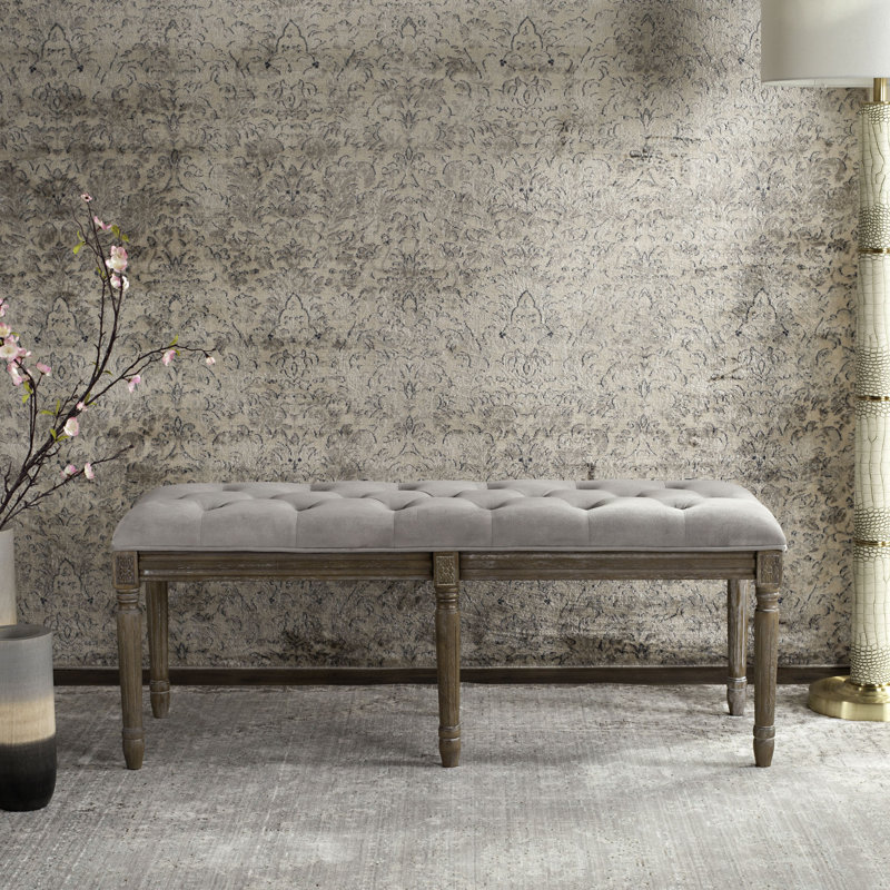 Moneta Upholstered Bench, Gray Velvet/Rustic Oak
