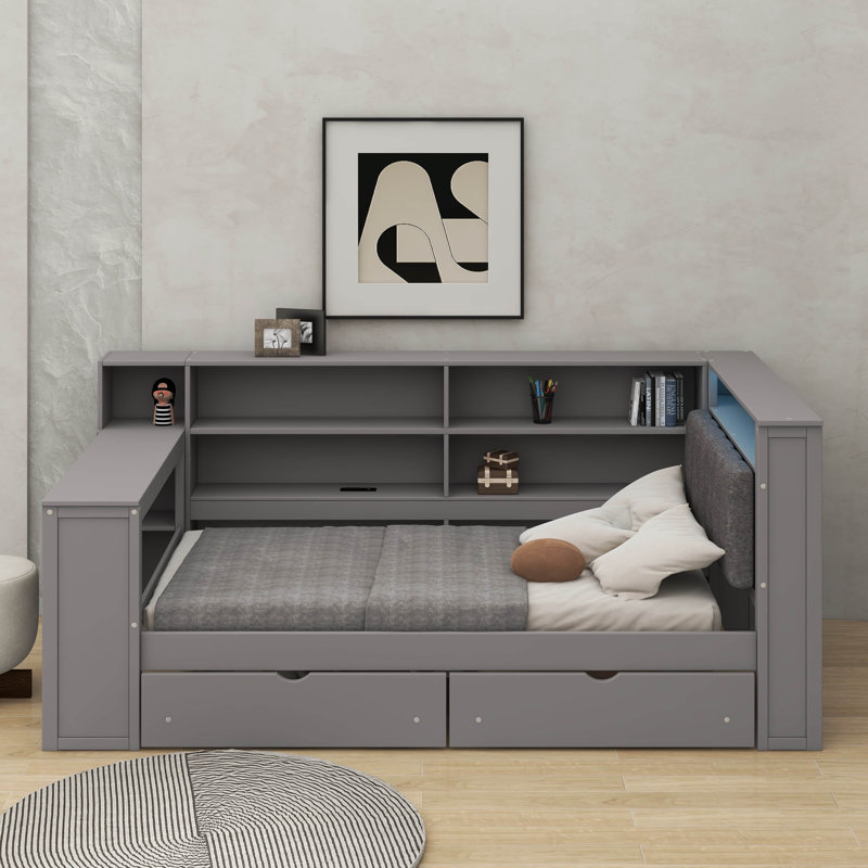 Lit plateforme simple en bois avec tablettes de rangement, bureau et tête de lit tapissier, Lit simple, Gris
