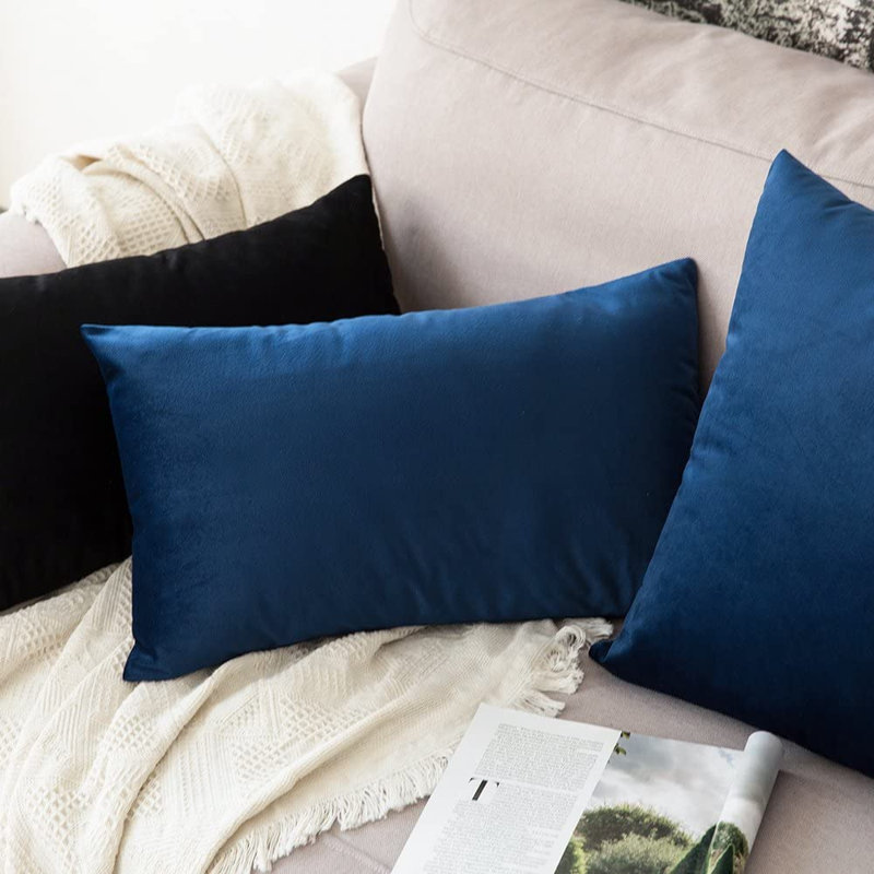 Housse de coussin en velours uni, Bleu, H 12 po x l 20 po