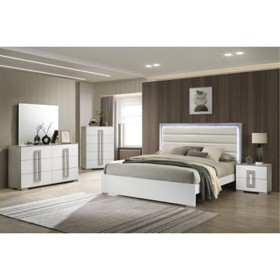 Olivia Contemporary Style Bedroom Set With LED Headboard Made With Wood In White (NJ Inventory) by Brayden Studio