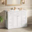 Meuble-lavabo blanc 48 po avec lavabo en céramique - 6 tiroirs (3 de chaque côté), tiroir central rabattable, portes doubles à fermeture en douceur, porte-serviettes latéral réversible, poignées argentées, panneau de fibres à densité moyenne-910616943