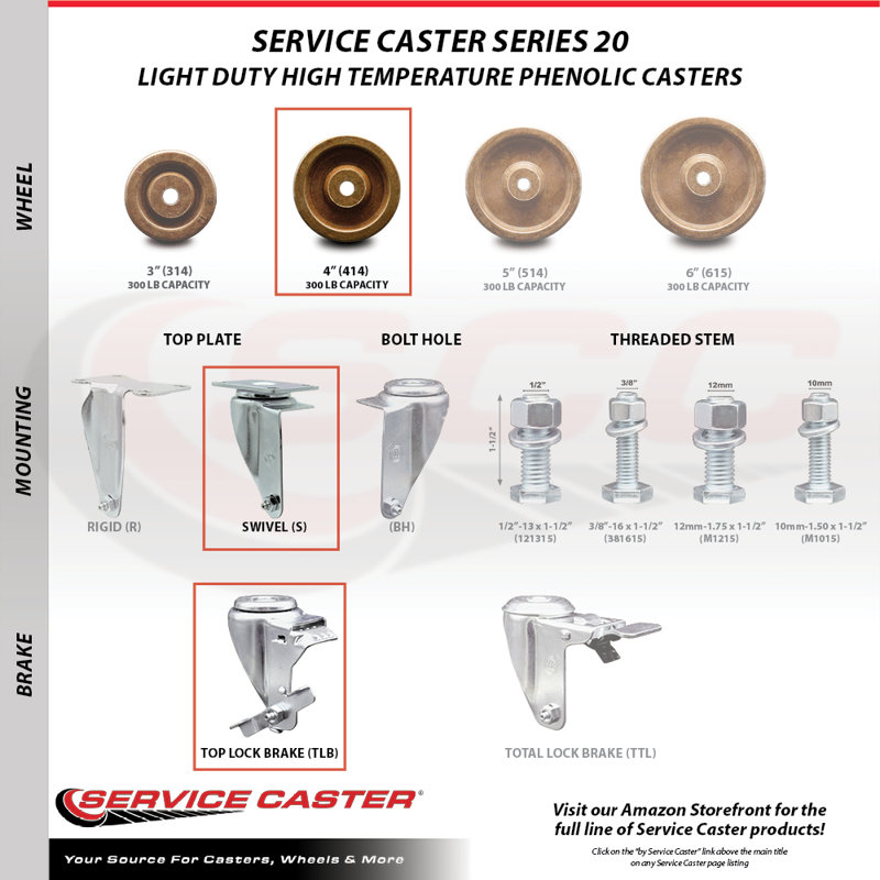 High Temp Phenolic Top Plate Caster with Brake