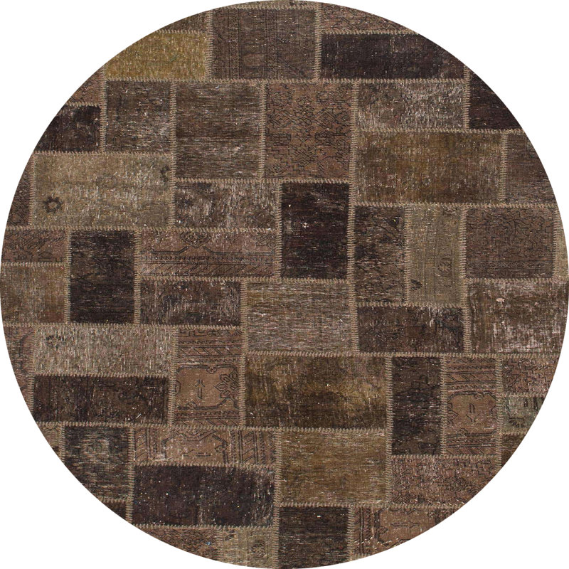 Tapis géométrique brun / gris tissé à la machine, Rond 7 pi