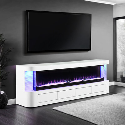 Meuble télé blanc contemporain avec présentoir de flammes électrique et luminosité à 3 niveaux, temps d'arrêt pendant 6 heures, supportant les téléviseurs jusqu'à 65 ans, fait de pin, de verre et de tiroirs en métal