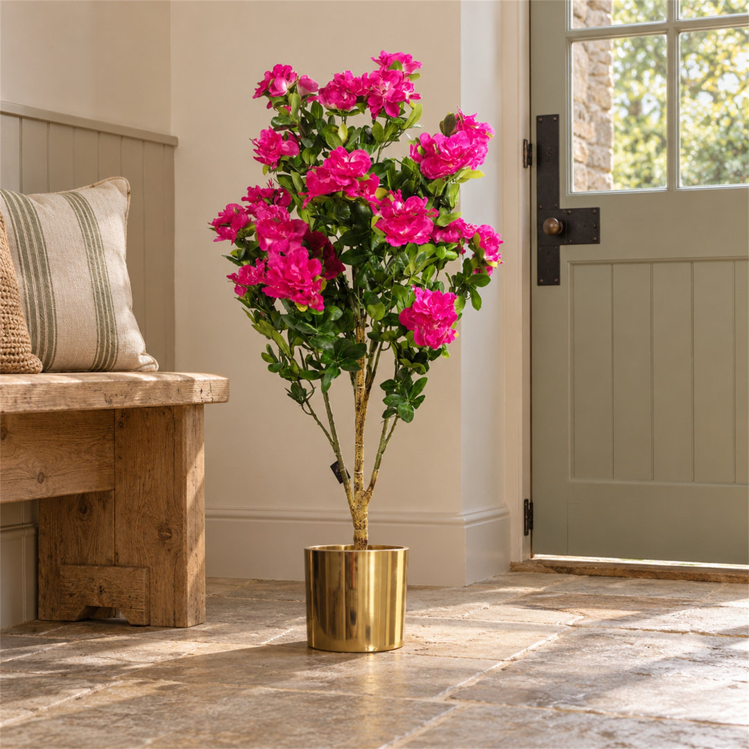 100cm Artificial Azalea Plant Flower Metal Planter Indoor Home Decor Pink Gold - Image 4