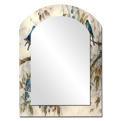 Four Vintage Blue Birds On A Branch IV - Bird Arch Mirror, Blue Asymmetrical Unique Wall Mirror, Printed Metal Art
