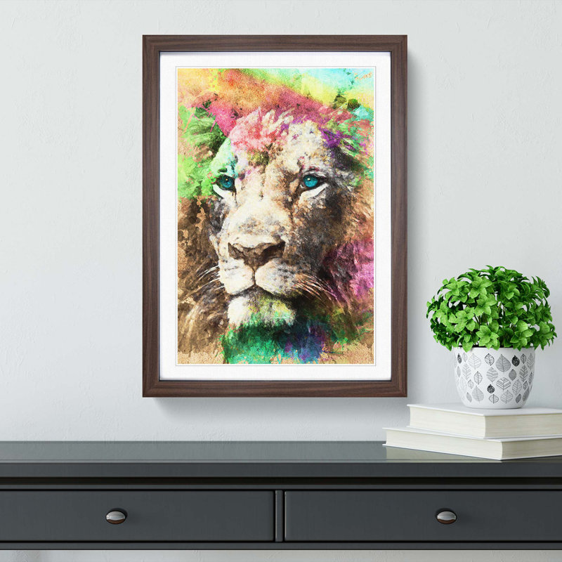 Blue Eyed Lion in Abstract - Picture Frame Painting Print, Walnut Framed, 65cm H x 48cm W x 2cm D