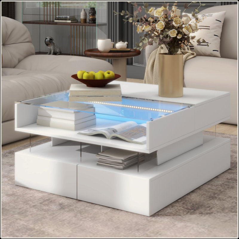 Table basse à plateau relevable avec 2 tiroirs, table basse carrée moderne avec plateau en verre et finition ultrabrillante, espace caché et lumières DEL pour le salon