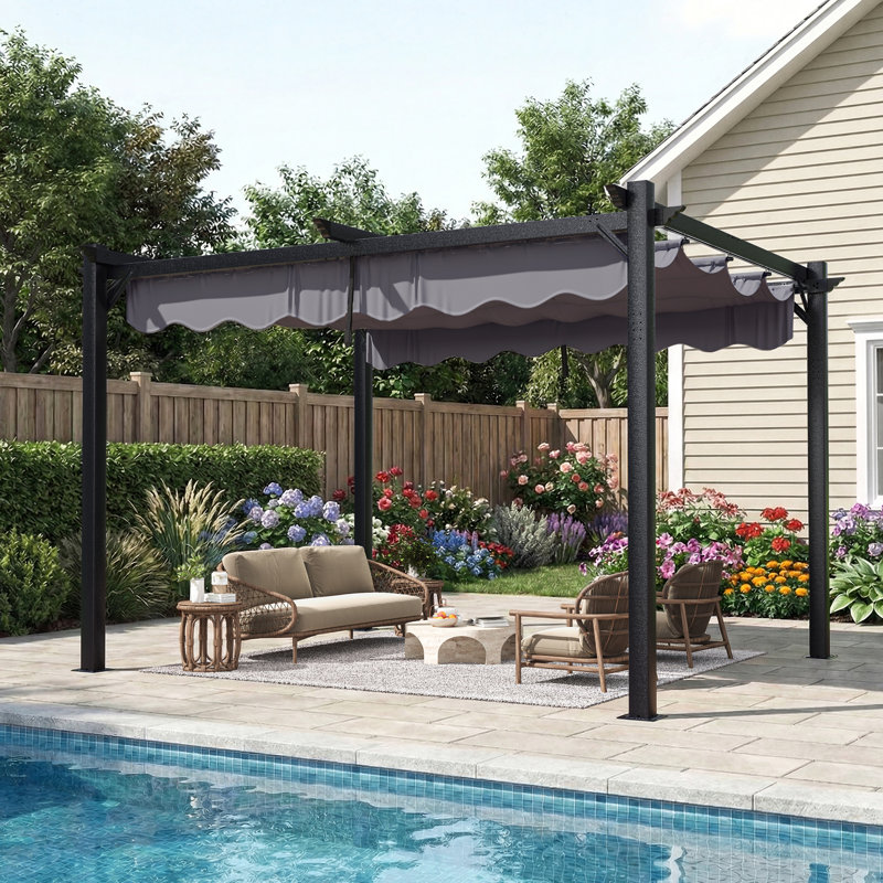 12 ft. W x 10 ft. D Outdoor Aluminum Pergola with Retractable Canopy and Anchoring Stand