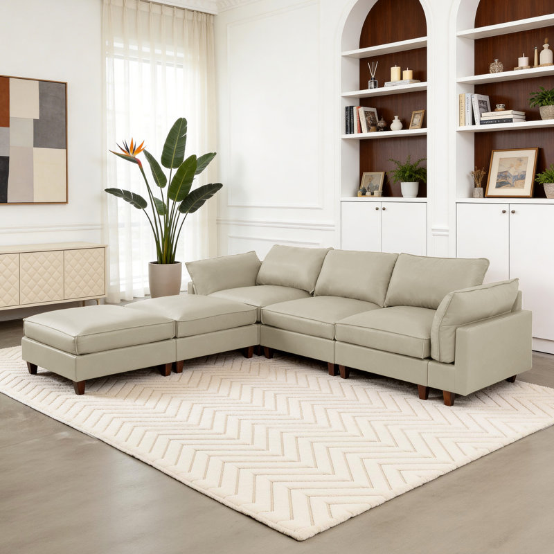 Canapé modulaire rembourré 3 pièces avec 2 repose-pieds, Similicuir beige, H 38,1 po x l 126,3 po x P 37,4 po