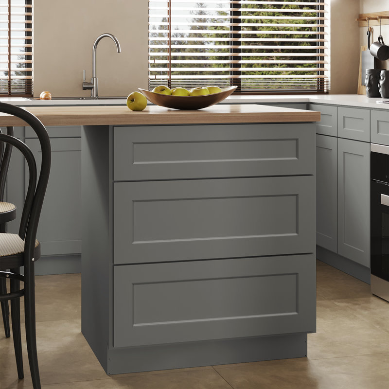 Ready To Assemble Base Cabinet Style 3-drawer, Shaker Greystone, 34.5" H x 30" W