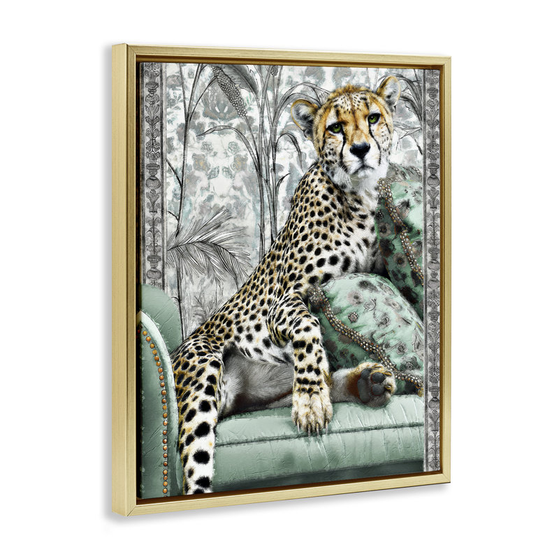 «Nouveau Guépard avec détails glamour sur toile encadrée dorée», design par Annabelle Hall, H 31 po x l 25 po