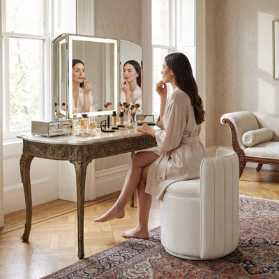 Upholstered Velvet 360° Swivel Storage Vanity Stool No Assembly Needed