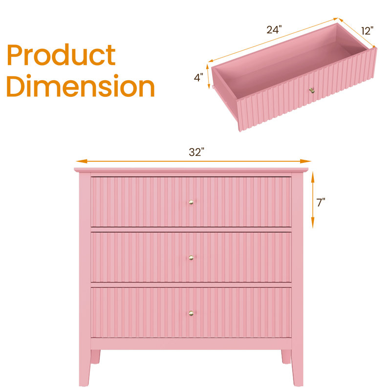 3 Drawer 81.3cm W Dresser, Pink