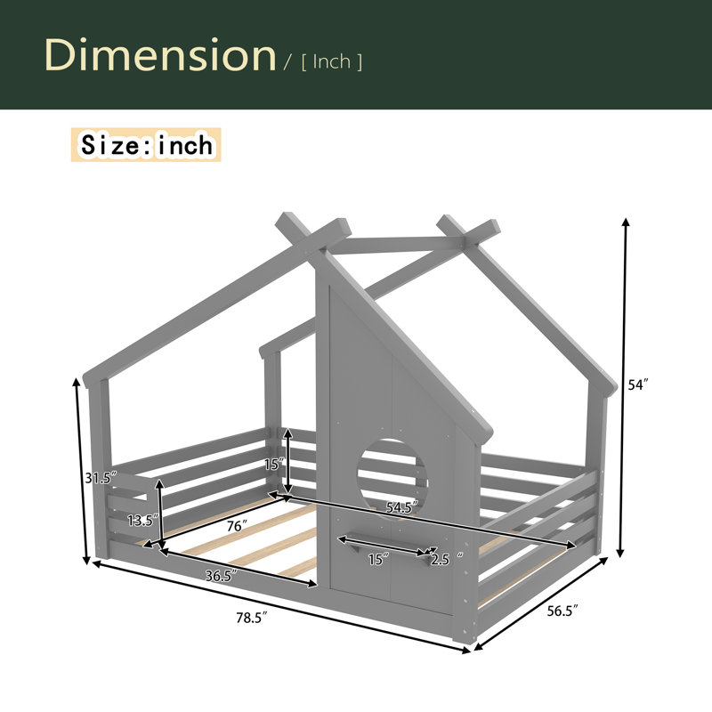 Lit de maison avec fenêtre et petite tablette, lit en bois massif avec toit en forme de maison, pas besoin de sommier, Gris