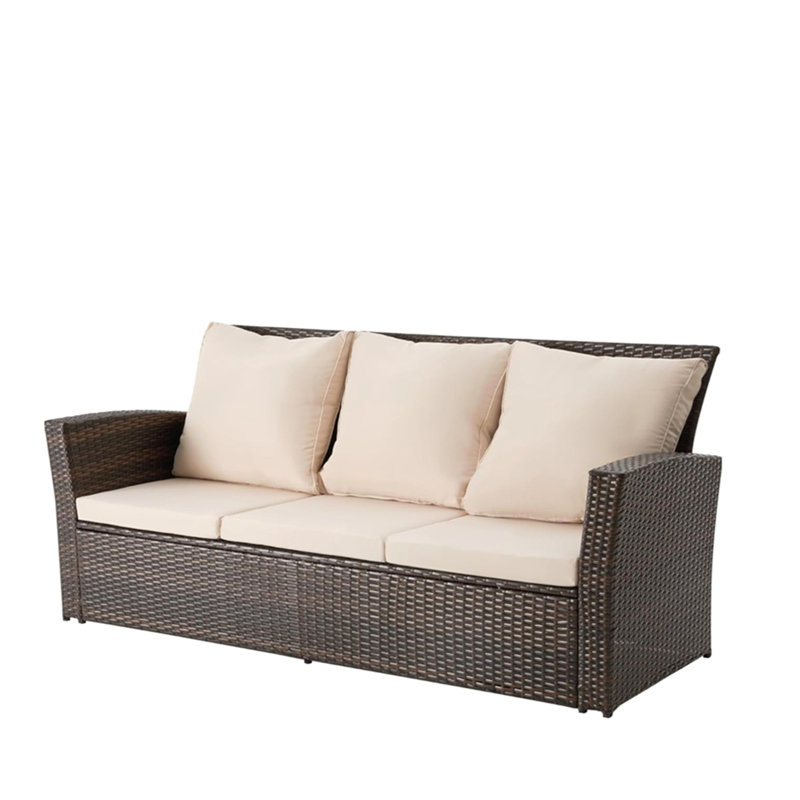 67.7" All-Weather Wicker 3-Seat Patio Sofa With Thick Biege Cushions & Black Frame