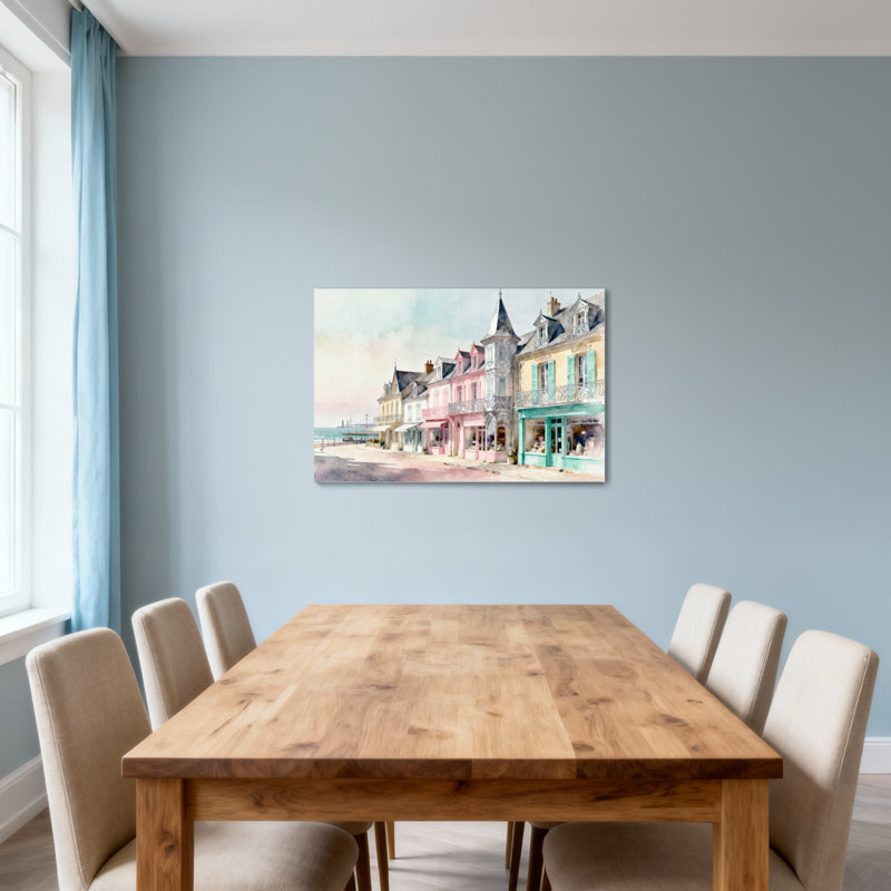 Scène de ville, paysage urbain et côtier à l'aquarelle, H 16 po x l 24 po