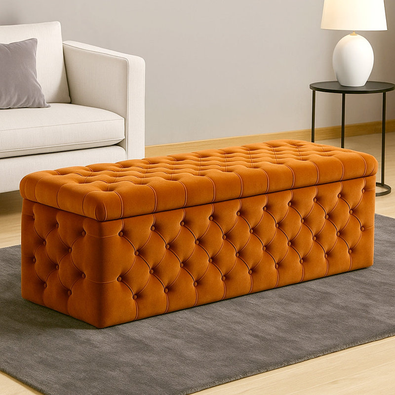 Lux Wide Velvet Chesterfield Rectangle Solid Color Standard Ottoman Box with Storage, 150cm W x 42cm D x 40cm H, Burnt Orange