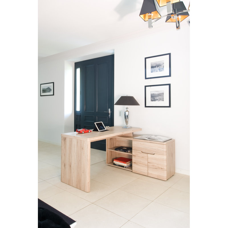 Hollice 140Cm W L-Shape Credenza Desk with Cabinet, Sanremo Oak
